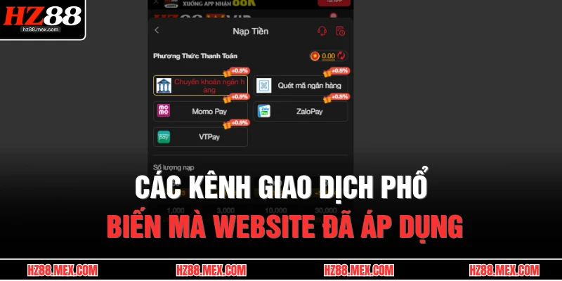 Các kênh giao dịch phổ biến mà website đã áp dụng